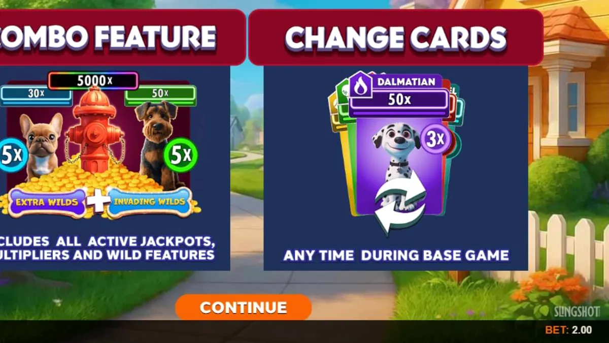 Tampilan visual slot Paw Pack Assembl’Em dengan karakter anjing yang ceria